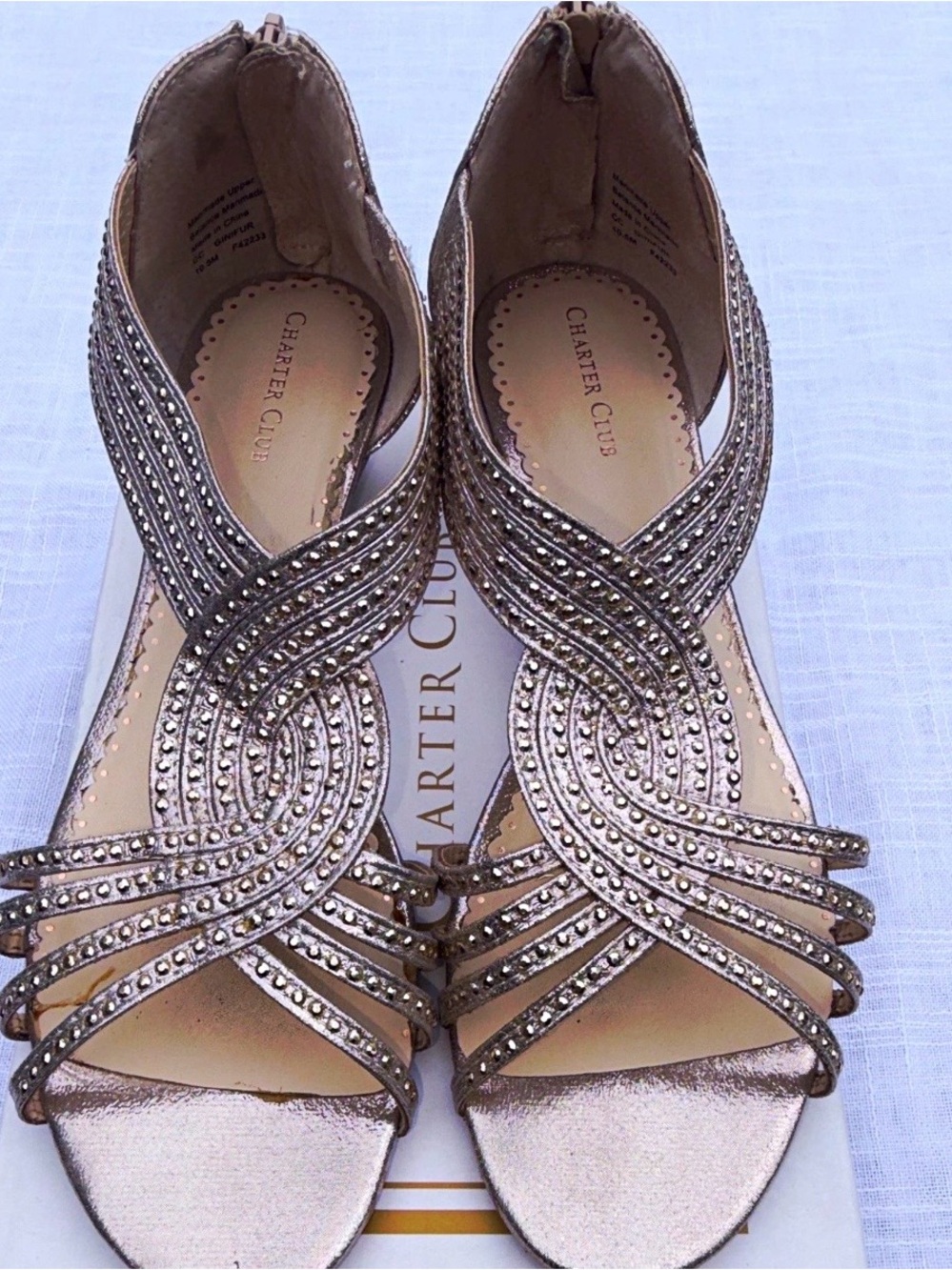 Charter Club Women's Crystal-Strap Metallic Wedges - Rose Gold